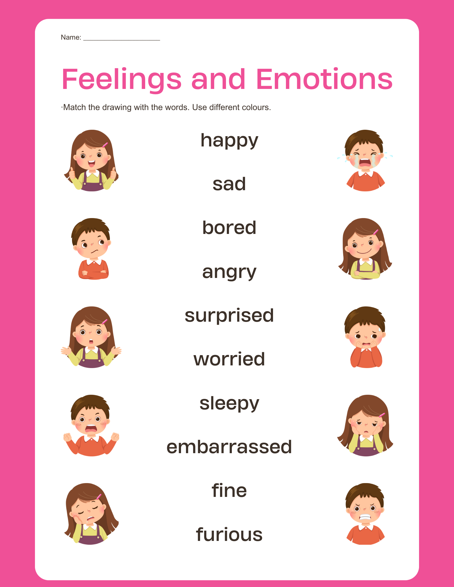 Feelings and emotions vocabulary educational worksheet in green orange and purple simple illustrative style