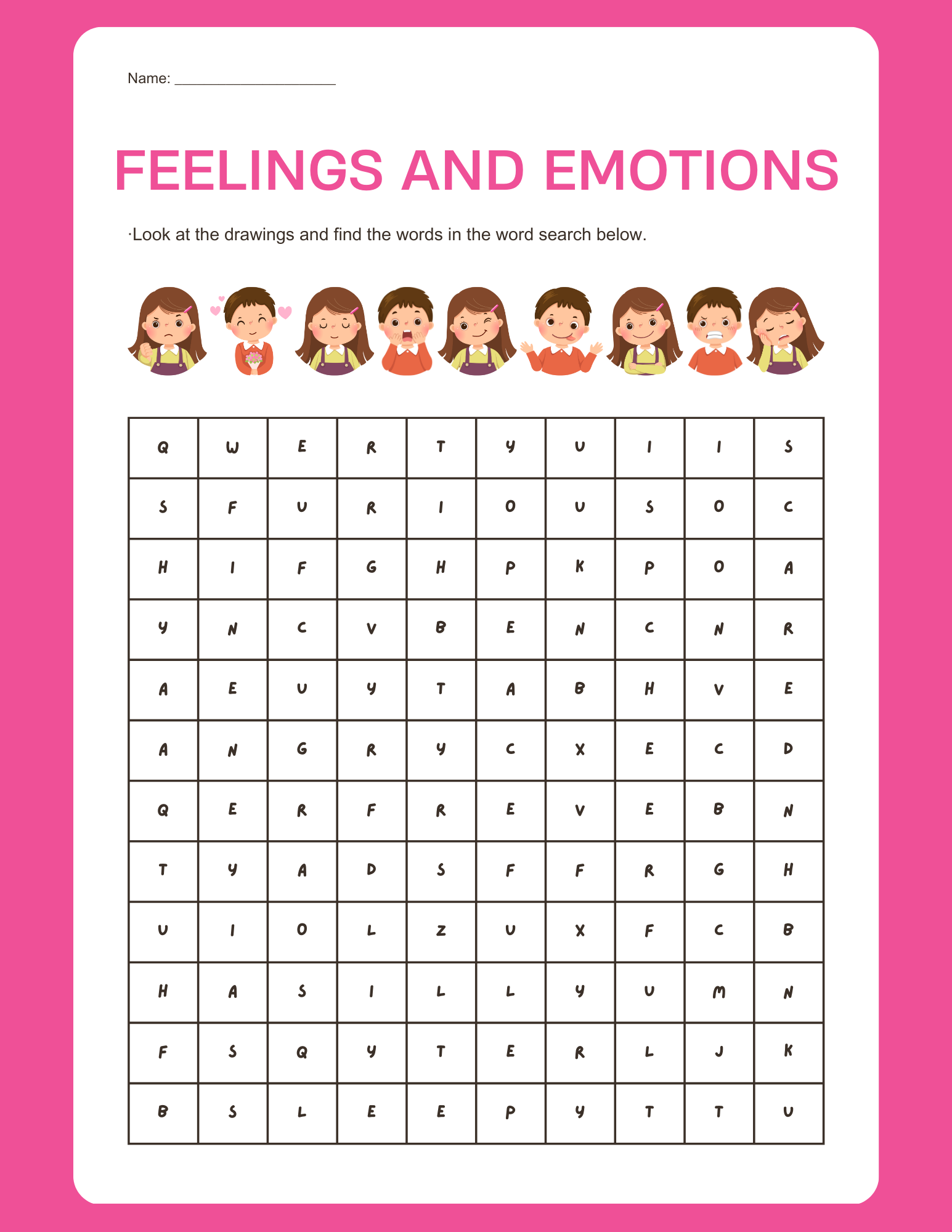 Feelings and emotions vocabulary letter soup worksheet in green orange and purple simple illustrative style